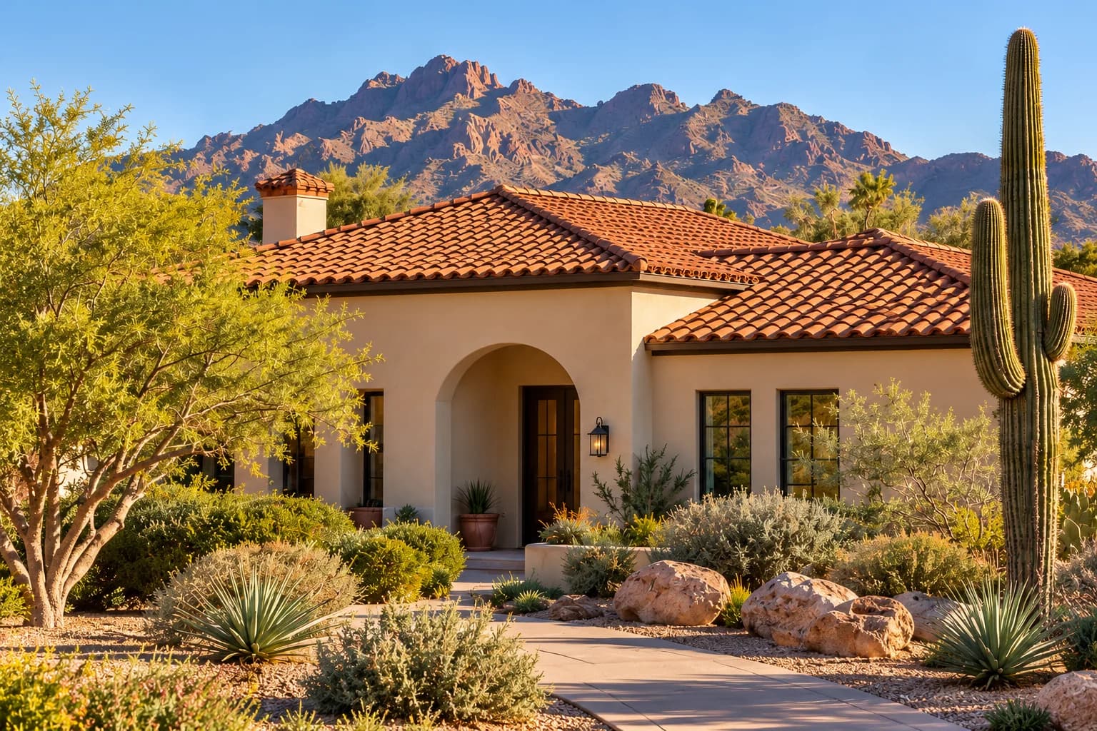 Arizona home with terracotta tile roofing, desert landscaping, and mountains